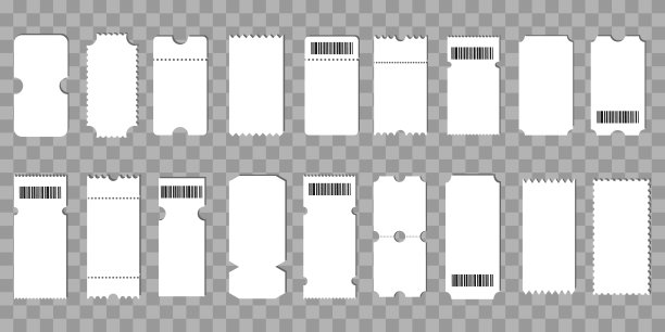 空白优惠券模板。空白票证模板。空票卡图标。优惠券、门票、礼券或证书。一套带有透明背景条形码的优惠券。图片下载