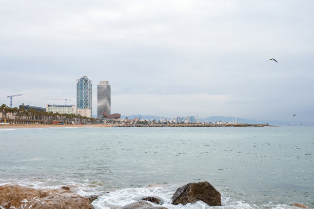 美丽的海景在塔Mapfre和酒店艺术在奥林匹克港图片下载