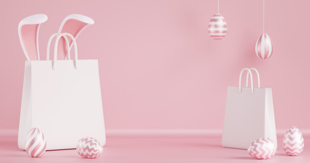 复活节。粉色背景上有兔子耳朵和鸡蛋的袋子。单色三维渲染图片下载