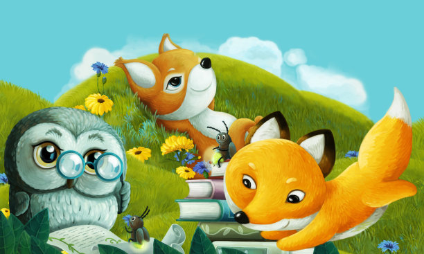 欢乐的卡通场景不同的森林动物朋友在夏天在森林插图的孩子图片下载