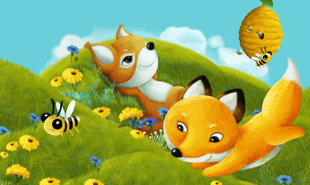 欢乐的卡通场景不同的森林动物朋友在夏天在森林插图的孩子图片下载