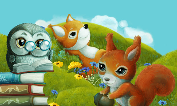 欢乐的卡通场景不同的森林动物朋友在夏天在森林插图的孩子图片下载