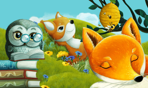 欢乐的卡通场景不同的森林动物朋友在夏天在森林插图的孩子图片下载