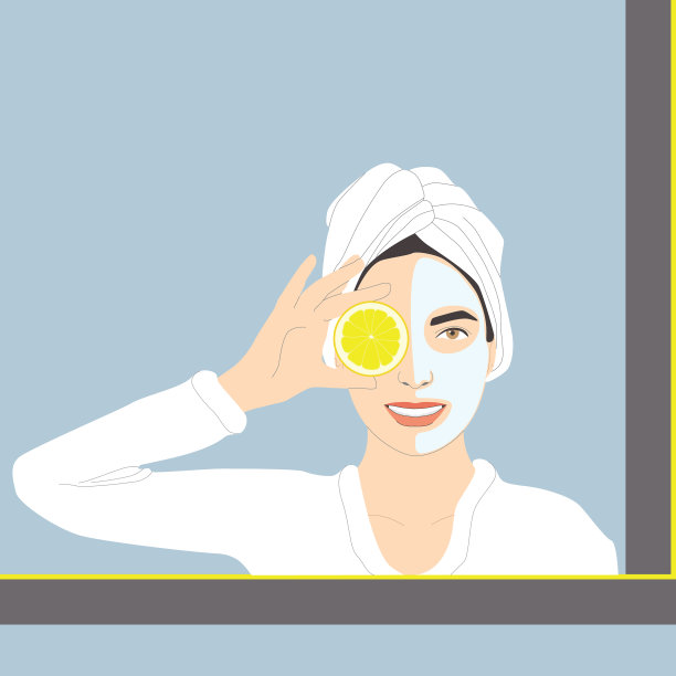 化妆品护理，微笑的女人戴着半面面膜，头上戴着毛巾，手里拿着柠檬，绿色背景上的矢量隔离。图片下载
