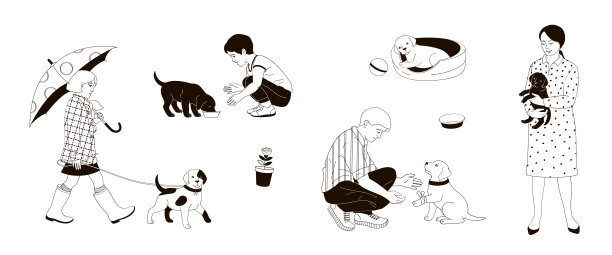 一个女孩带着小狗走，一个女人带着狗，一个男孩喂宠物，男人帮助它，小狗睡在狗坏，黑白线性矢量插图图片下载