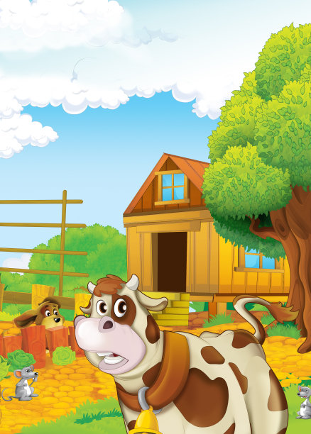 卡通场景与生活在牧场与不同的农场动物插图的孩子图片下载