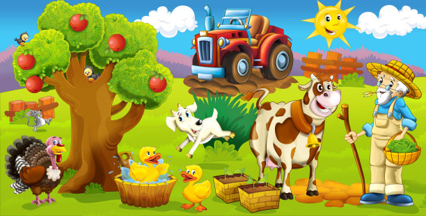 卡通场景与生活在牧场与不同的农场动物插图的孩子图片下载