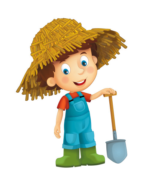 卡通农场男孩站在农具和微笑的儿童插图图片下载