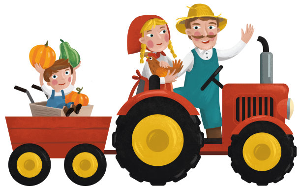 卡通快乐的农场场景-农场夫妇男人和女人快乐的白色背景-儿童插图图片下载