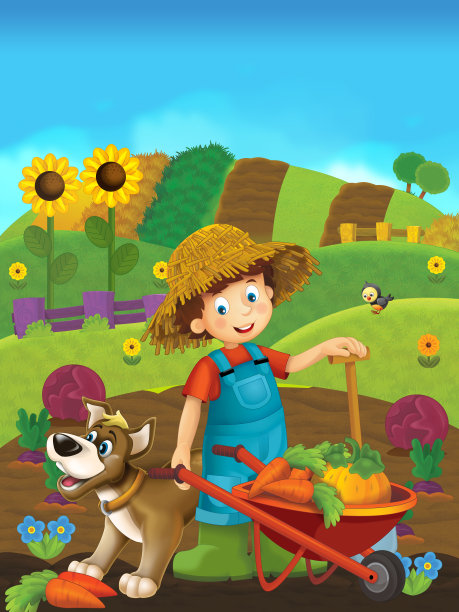 卡通快乐农场场景-农场男子快乐的白色背景-儿童插图图片下载