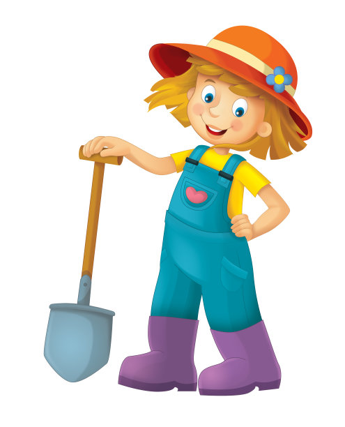 卡通农场女孩站在农具和微笑的儿童插图图片下载
