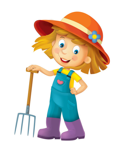 卡通农场女孩站在农具和微笑的儿童插图图片下载