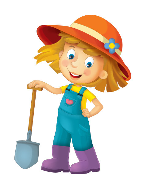 卡通农场女孩站在农具和微笑的儿童插图图片下载