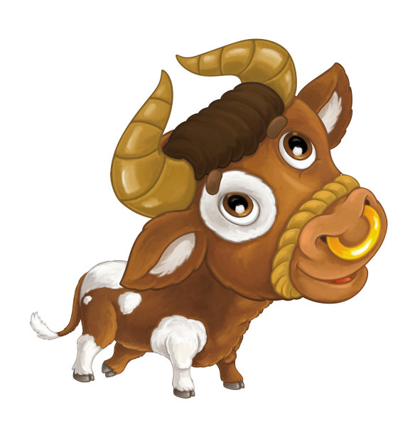 卡通快乐农场动物-开朗的公牛在微笑和看着-艺术风格-儿童插画图片下载