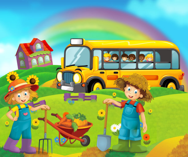 卡通快乐的农场场景-农场夫妇男人和女人快乐的白色背景-儿童插图图片下载