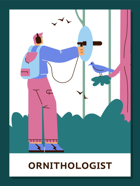 鸟类学家在自然界中观察鸟类，平面矢量插图。图片下载