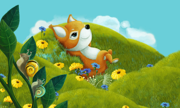 欢乐的卡通场景不同的森林动物朋友在夏天在森林插图的孩子图片下载