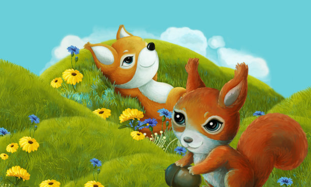 欢乐的卡通场景不同的森林动物朋友在夏天在森林插图的孩子图片下载