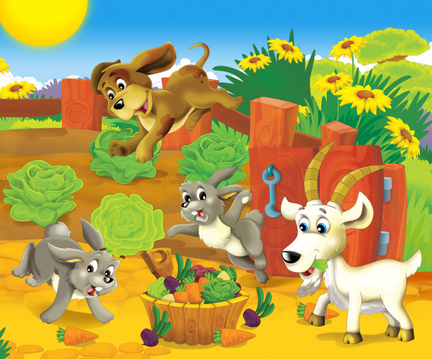 卡通场景与生活在牧场与不同的农场动物插图的孩子图片下载