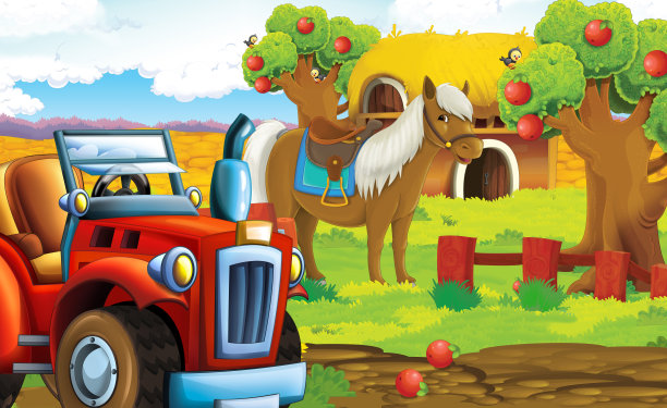 卡通场景与生活在牧场与不同的农场动物插图的孩子图片下载