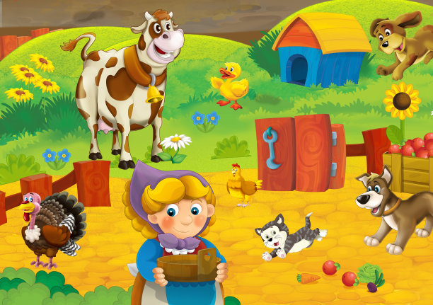 卡通场景，快乐的女人在农场工作，站在白色背景插图的孩子微笑图片下载