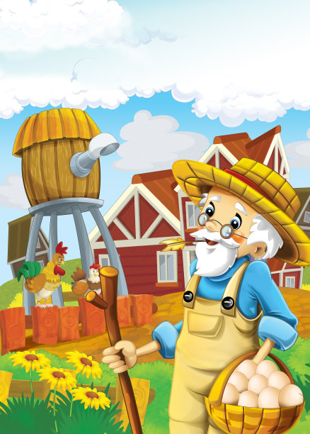 卡通快乐农场场景-农场男子快乐的白色背景-儿童插图图片下载