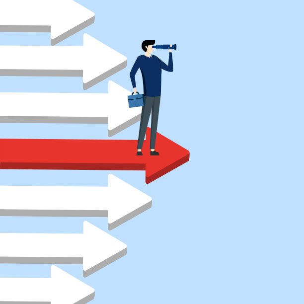 商业愿景和目标，商人拿着望远镜站在红箭头上。图片下载