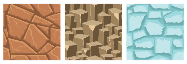 卡通游戏纹理，冰，石头和砖，泥土和地面表面无缝的图案。游戏资产墙壁和环境背景图片下载