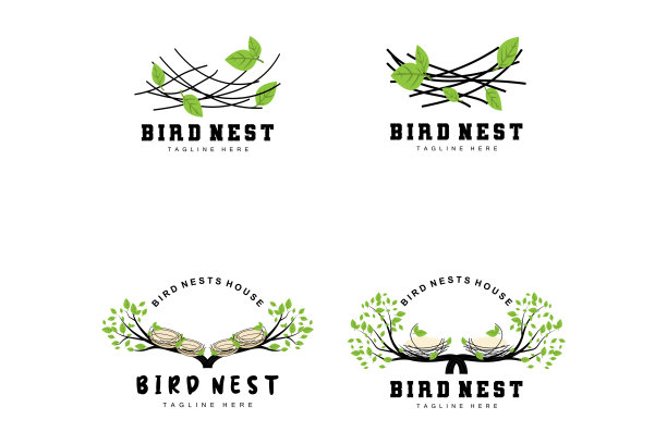 鸟巢标志设计，鸟屋矢量蛋，鸟树标志插图图片下载
