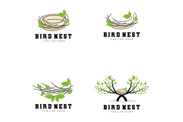 鸟巢标志设计，鸟屋矢量蛋，鸟树标志插图图片下载