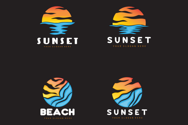 日落标志，海滩设计，河流和太阳插图，矢量享受黄昏图片下载