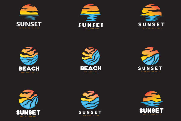 日落标志，海滩设计，河流和太阳插图，矢量享受黄昏图片下载