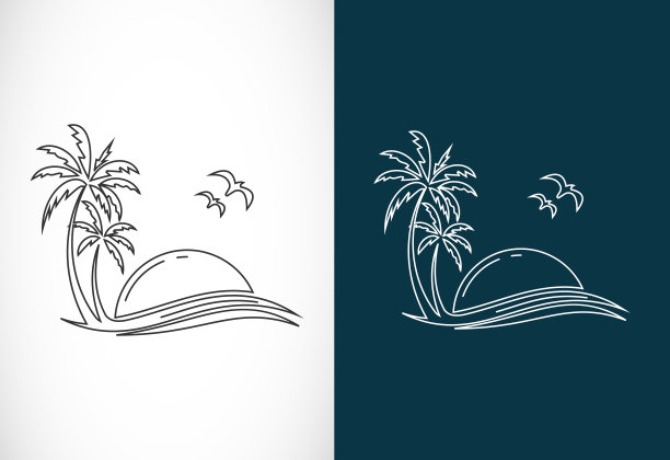 简单现代独特的热带海滩线条艺术标志设计矢量插图图片下载