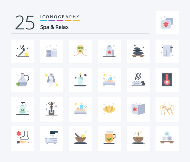 水疗和放松25个平面彩色图标包包括图片下载