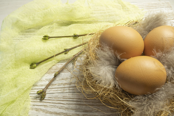 蛋躺在桌子上的一个窝里。图片下载