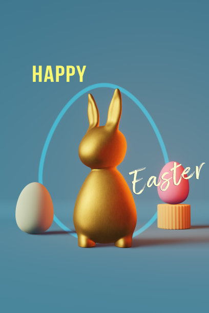 闪亮的金色兔子蛋蓝色霓虹灯3d渲染当代创意极简主义风格流行艺术贺卡。图片下载