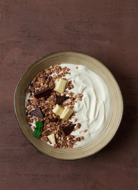 酸奶加巧克力什锦麦片，早餐，特写镜头，叉子放在上面，没有人，图片下载
