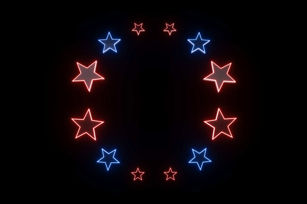 未来的黑色星星圆形框架与红色和蓝色霓虹灯- 3D插图图片下载