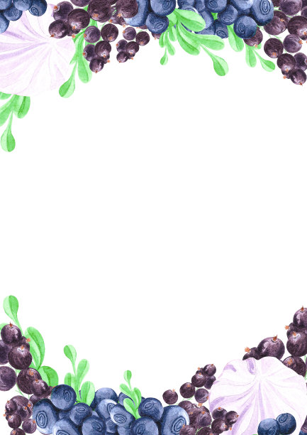 手绘水彩卡蓝莓绿叶棉花糖草莓和黑醋栗。剪贴簿，明信片，横幅，标签。图片下载