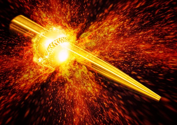 三维插图合成碰撞棒球球和球棒的火焰效果图片下载