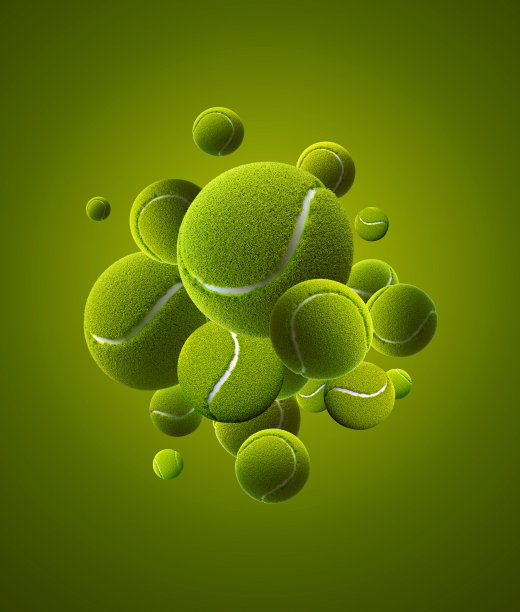 大量的绿色网球在绿色背景- 3D插图图片下载