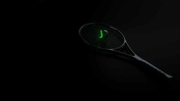 网球拍和球在黑色背景- 3D插图图片下载