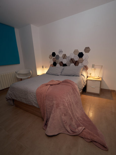 卧室有双人床和毯子，床头板，床头柜和椅子图片下载