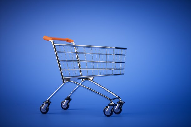 蓝色背景上孤零零的空购物车。三维渲染图片下载