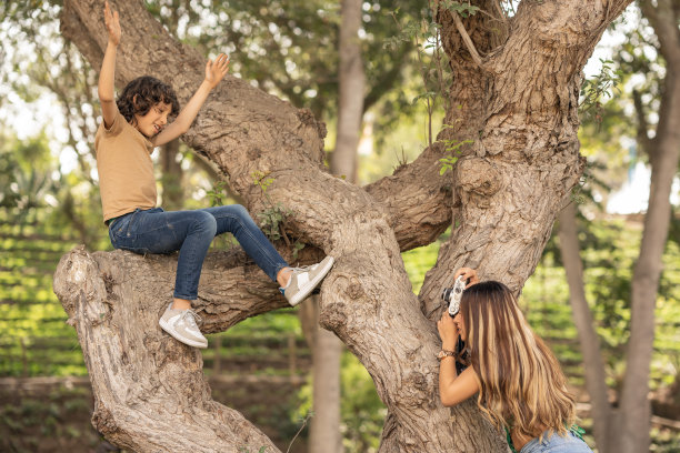 孩子举着手臂坐在树上，他的妈妈在拍照图片下载