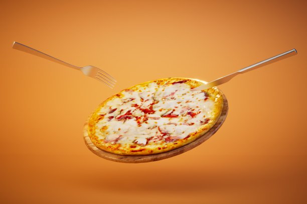 一种大而圆的披萨，周围是橙色背景上的刀叉。三维渲染图片下载