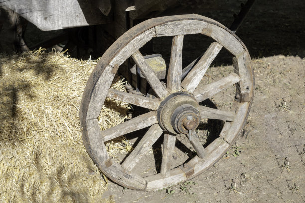 古代马车的旧木轮特写图片下载