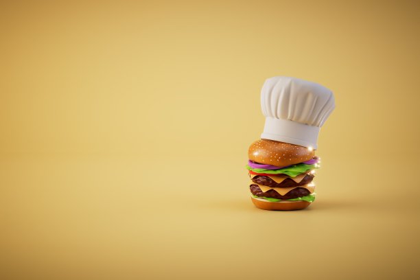 局长送来的汉堡。一个大汉堡戴着厨师的帽子，背景是黄色的。复制粘贴，复制空格。三维渲染图片下载