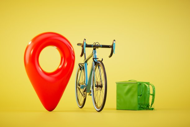 送货地址。一辆自行车，一个装食物的快递袋和一个黄色背景上的GPS点。三维渲染图片下载