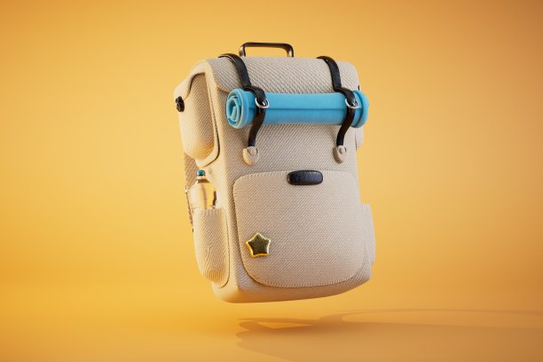 一个大的徒步旅行背包，在橙色的背景上有一个小套圈。三维渲染图片下载